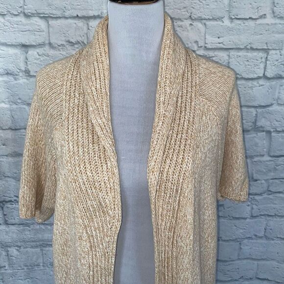 Express women L open front short sleeve knit cardigan beige - Picture 3 of 12
